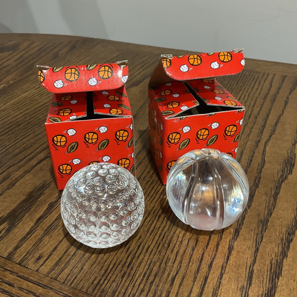 Pair of Clear Glass Spheres shaped like Golf Ball & Basketball